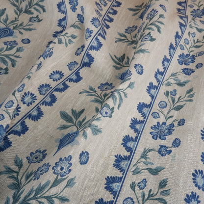 100% LINEN Fabric floral stripe print - oatmeal neutral fabric with blue green print - linen fabric upholstery home decor dressmaking 2153