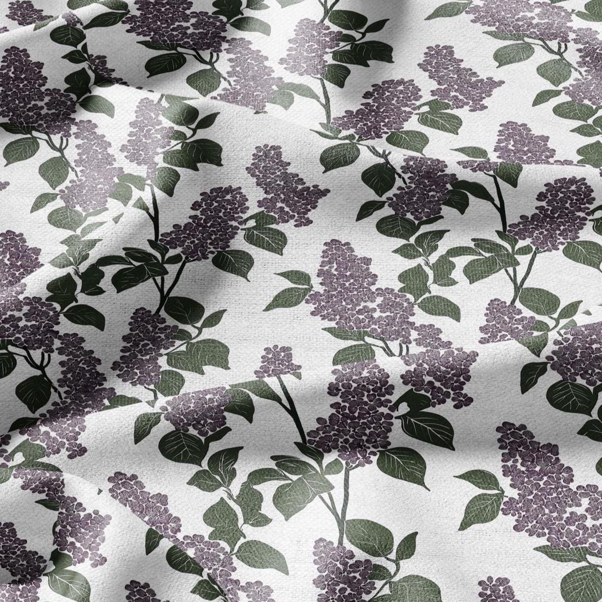 100% LINEN Fabric Block print Lilac blossom - modern vintage botanical flower upholstery home textile artisan green purple white 2355