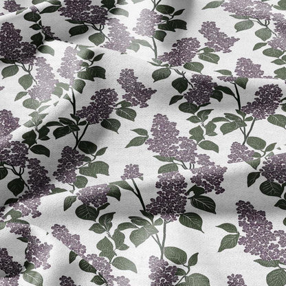 100% LINEN Fabric Block print Lilac blossom - modern vintage botanical flower upholstery home textile artisan green purple white 2355