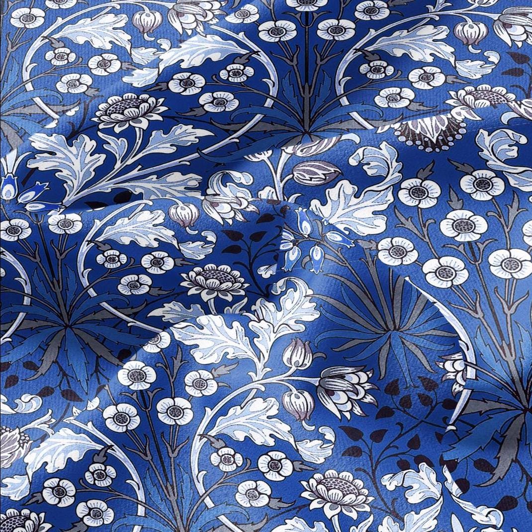 100% LINEN Fabric William Morris Hyacinth blue print - British linen floral upholstery home textile Victorian fabrics navy blue 3146
