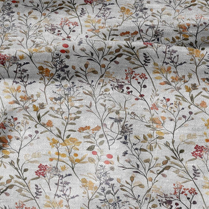 100% LINEN Fabric meadow flower print - floral yellow brown gray print on oatmeal linen for home decor sewing dress clothing 2352