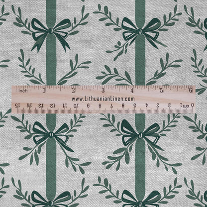 100% LINEN Fabric stripe bow holidays block print on oatmeal linen - French linen floral upholstery 2129