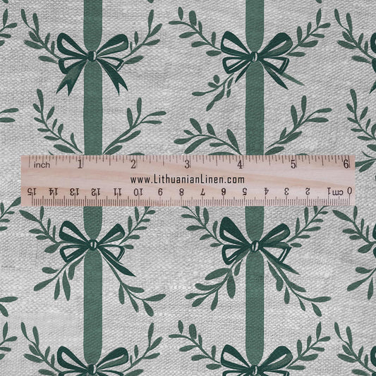 100% LINEN Fabric stripe bow holidays block print on oatmeal linen - French linen floral upholstery 2129