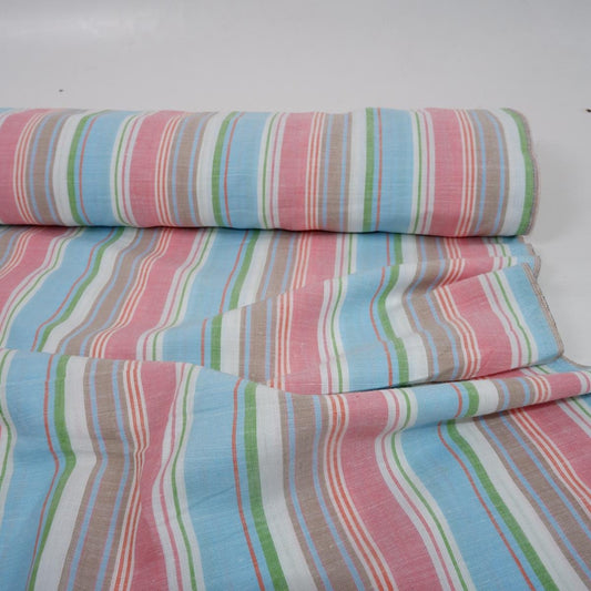 Premium Linen striped Fabric in blush pink BLUE white | Medium weight multicolor stripes Lisbon Stripe for clothing home textile