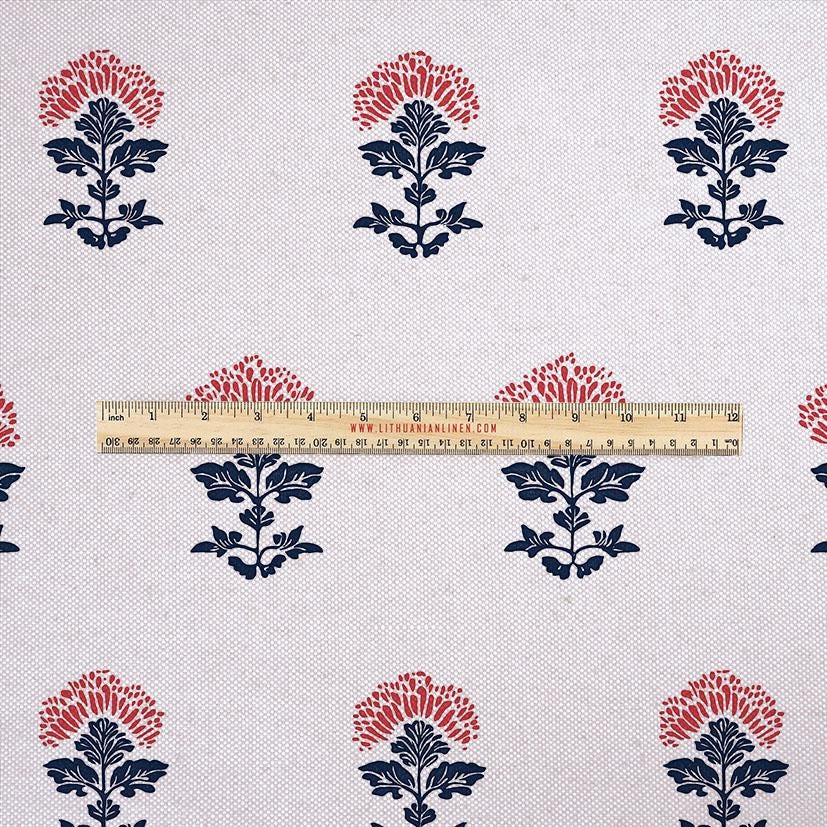 100% LINEN Fabric UPHOLSTERY 12oz - indigo blue red block print on oatmeal linen - Modern vintage Victorian floral indian upholstery 2536