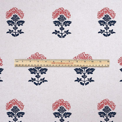 100% LINEN Fabric UPHOLSTERY 12oz - indigo blue red block print on oatmeal linen - Modern vintage Victorian floral indian upholstery 2536