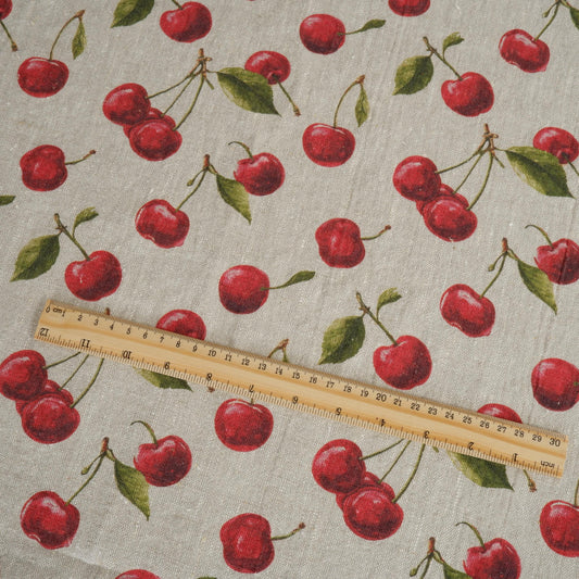 100% LINEN Fabric Red Cherry - Modern vintage Berry print on oatmeal linen for home decor sewing dress clothing 2941