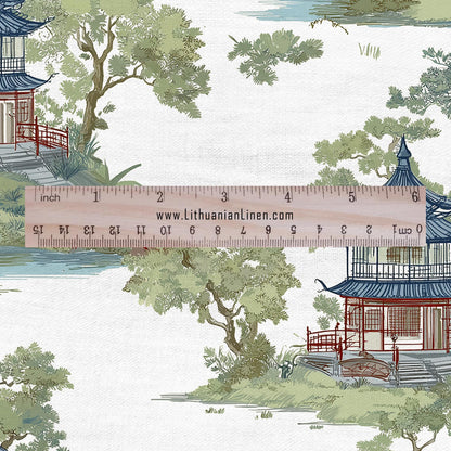 100% LINEN Fabric oriental print with pagoda - linen fabric with botanical print -  heavy linen fabric for upholstery home decor 2876