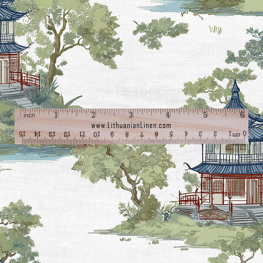 100% LINEN Fabric oriental print with pagoda - linen fabric with botanical print -  heavy linen fabric for upholstery home decor 2876