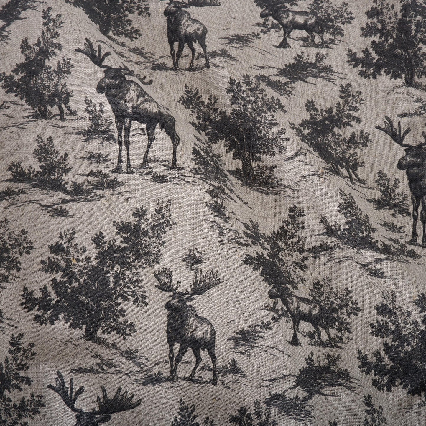 100% LINEN Fabric Toile de Jouy with Moose in forest - botanical fabric black print - linen floral fabric upholstery curtains dress making