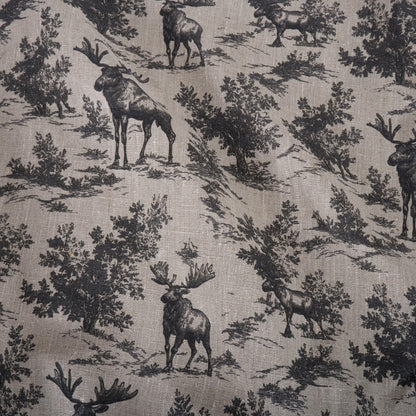 100% LINEN Fabric Toile de Jouy with Moose in forest - botanical fabric black print - linen floral fabric upholstery curtains dress making