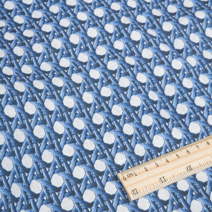 100% LINEN Fabric Blue bamboo trellis - botanical textile artisan fabrics blue white 3687
