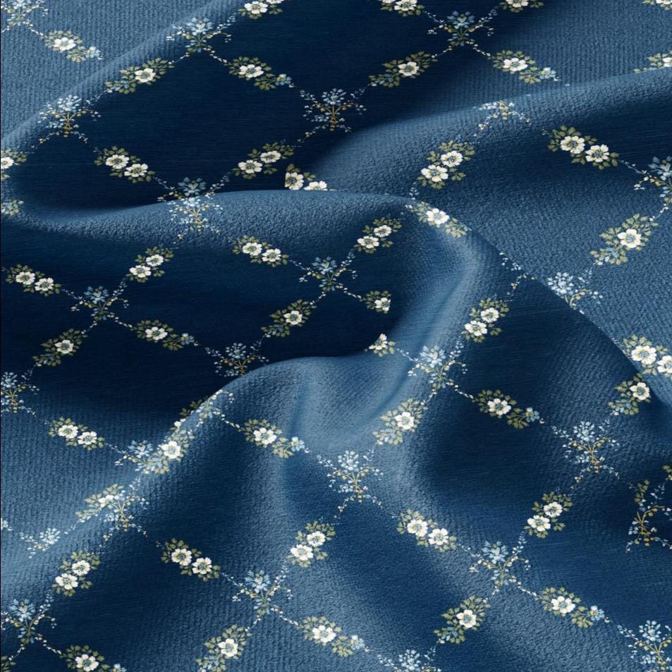 100% LINEN Fabric Floral trellis blue print - botanical indigo blue upholstery curtains dress making 3064
