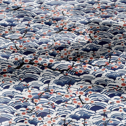 100% LINEN Fabric block print Japanese Sakura sea - red blue indigo floral print - heavy upholstery home decor - medium for clothing 2597