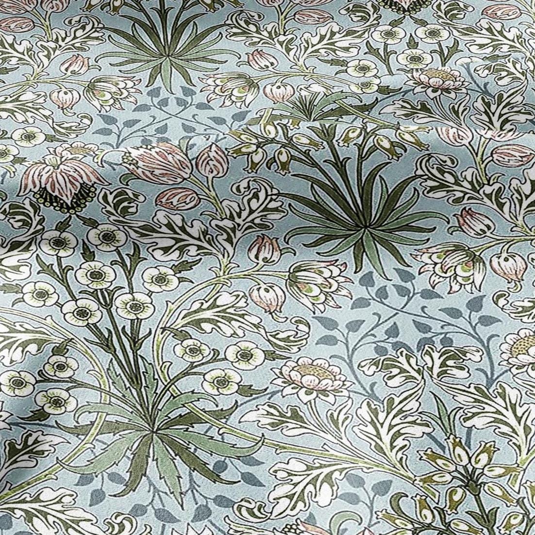 100% LINEN Fabric William Morris Hyacinth pale green print - British linen floral upholstery home textile Victorian fabrics 3261