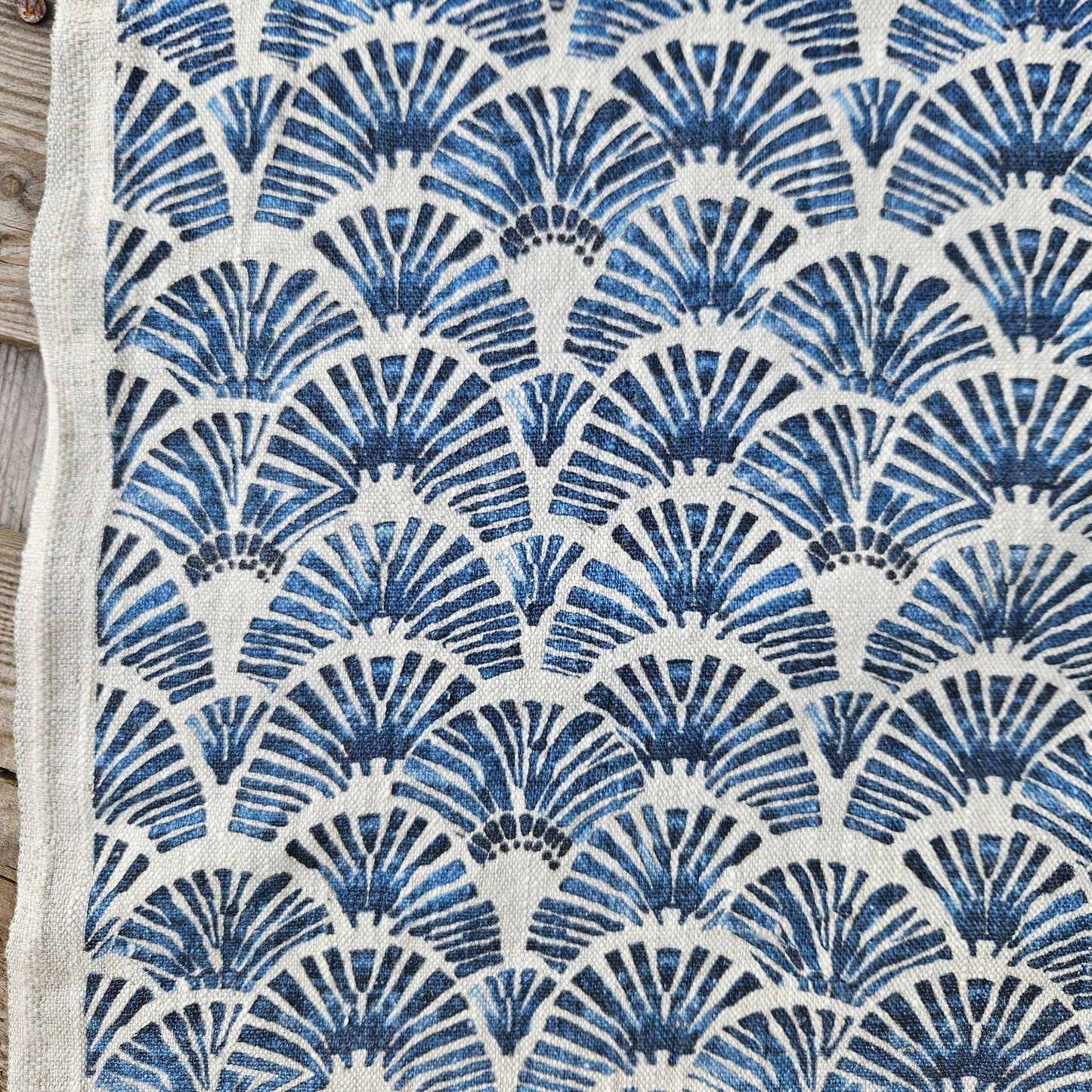 100% LINEN Fabric block print indigo blue white Japandi - Japanese fabric abstract fan print linen upholstery dressmaking sewing 2611