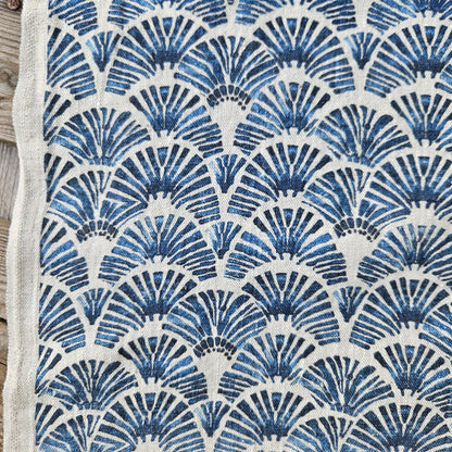 100% LINEN Fabric block print indigo blue white Japandi - Japanese fabric abstract fan print linen upholstery dressmaking sewing 2611