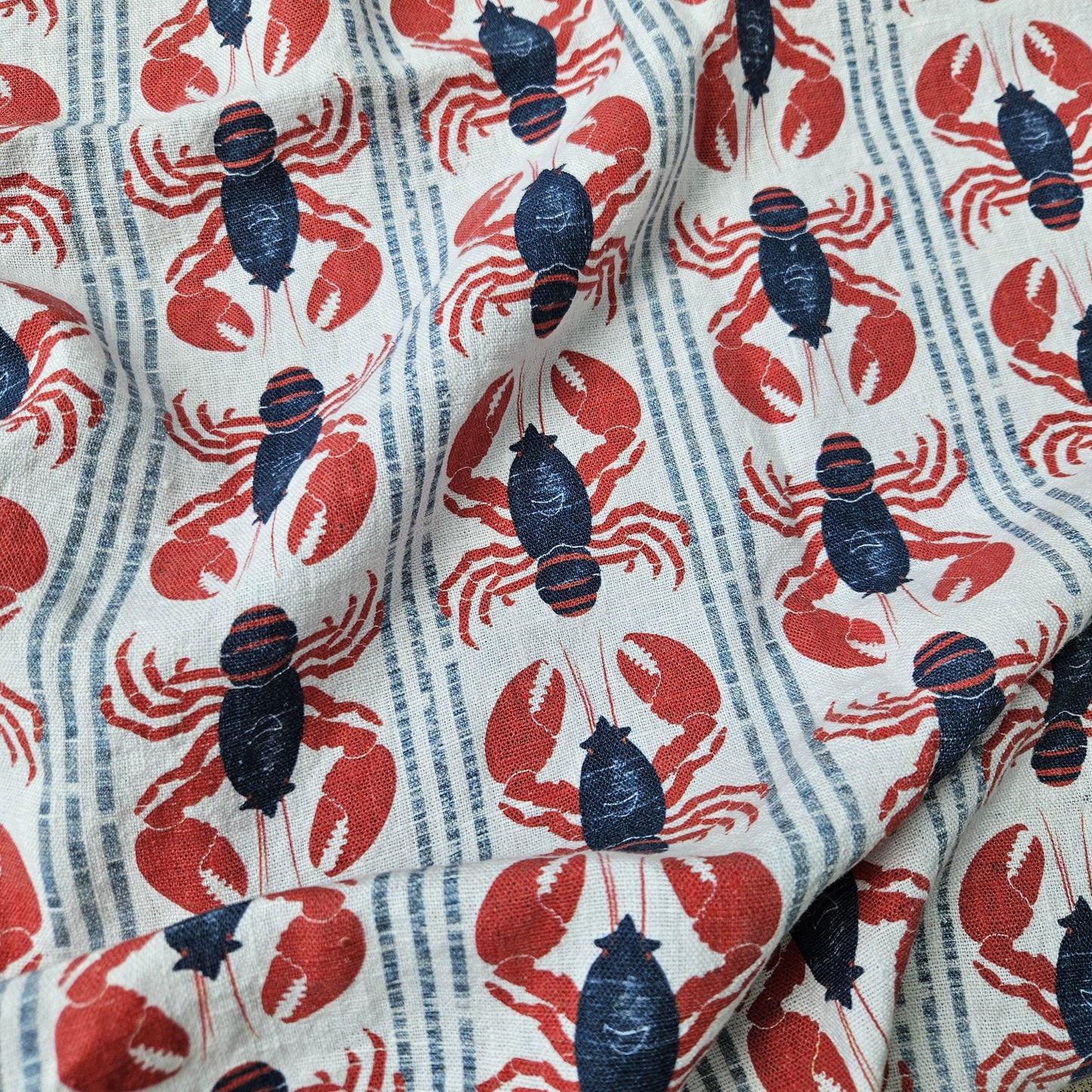 100% LINEN Fabric LOBSTER stripe print - linen fabric with  coastal print for upholstery home decor or medium for dress making 2535