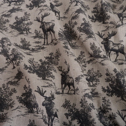 100% LINEN Fabric Toile de Jouy with Moose in forest - botanical fabric black print - linen floral fabric upholstery curtains dress making
