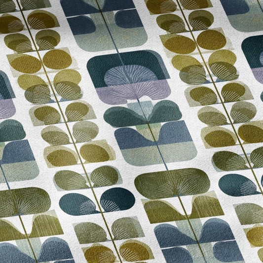 100% LINEN Fabric retro Eukalyptus blue green yellow floral print - modern vintage Cornflower fabric for upholstery or home decor 2830