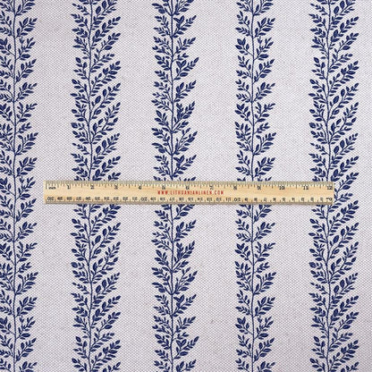100% LINEN Fabric UPHOLSTERY 12oz - indigo blue block print on oatmeal linen - Modern vintage Victorian floral stripe upholstery 2580