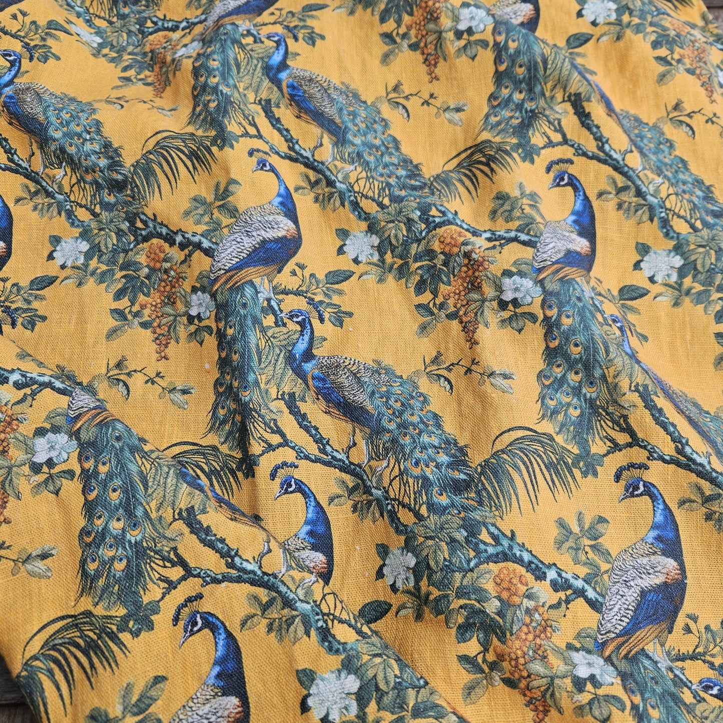100% LINEN Fabric oriental print with peacock - toile de jouy botanical mustard yellow - upholstery home decor clothing  sewing 316