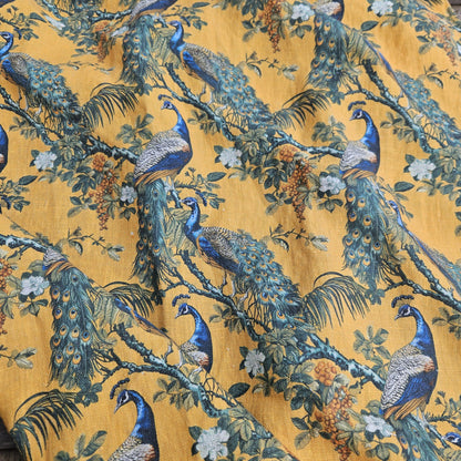 100% LINEN Fabric oriental print with peacock - toile de jouy botanical mustard yellow - upholstery home decor clothing  sewing 316