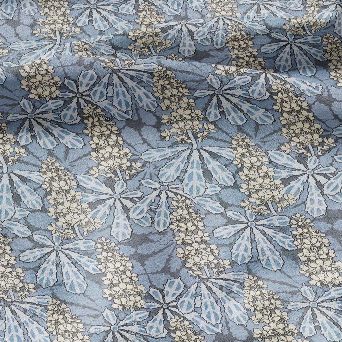 100% linen Art Nouveau Print fabric for Curtain Upholstery Cushion - Floral fabric Chestnut tree blue - fabric for dress making sewing