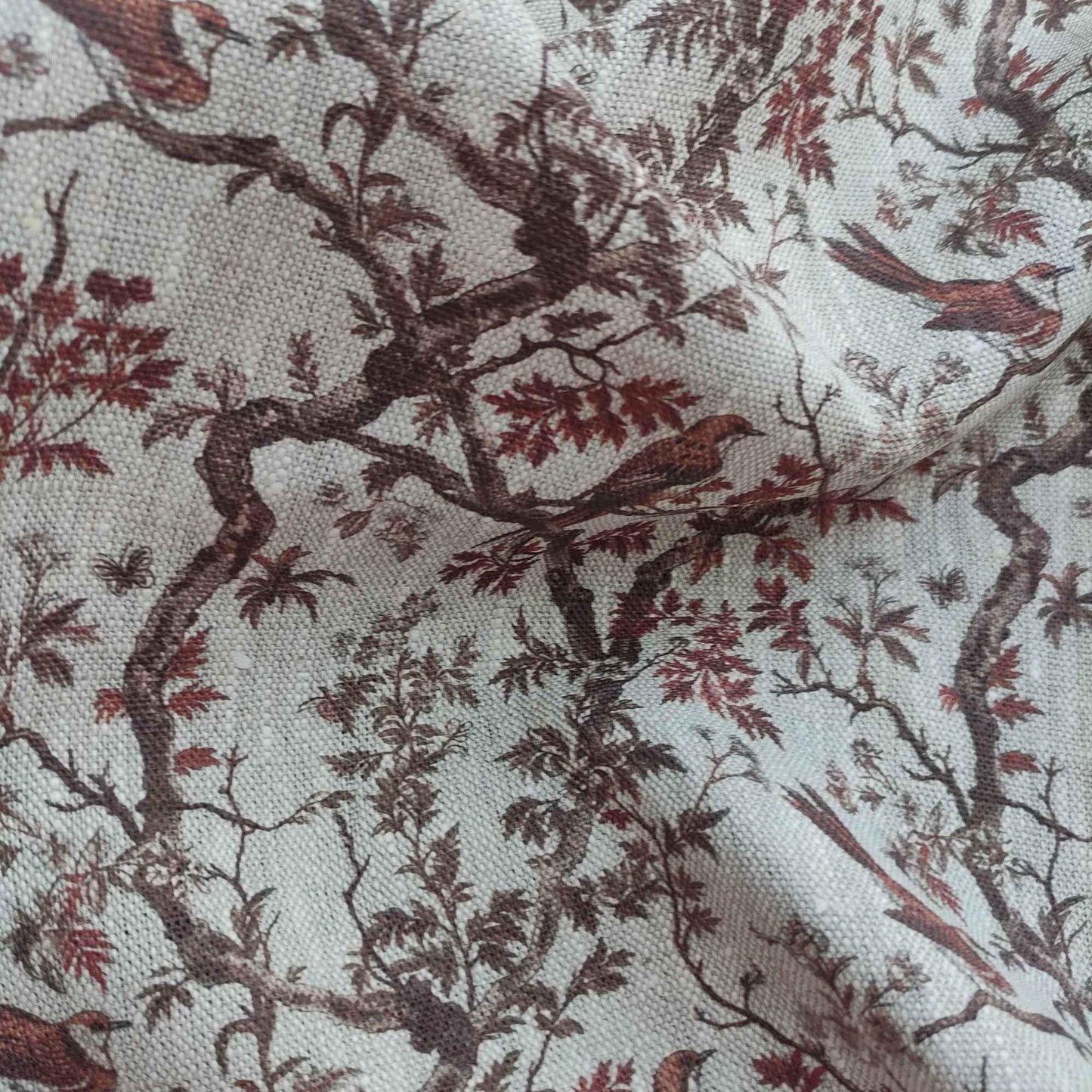 100% LINEN Fabric Toile de Jouy brown, oatmeal natur linen fabric with brown print, French linen fabric upholstery trees branches with birds