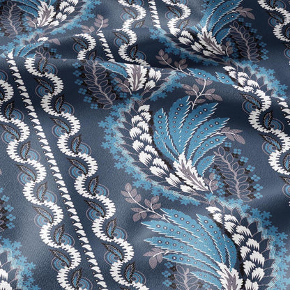 100% LINEN Fabric Vintage floral squirl stripe print - Modern botanical - Victorian Art Craft blue 2960