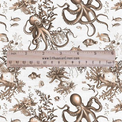 100% LINEN Fabric octopus linen -brown white floral fabric for upholstery home decor dress making 306B