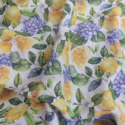 100% LINEN Fabric lemon and hydrangea print - oatmeal natur linen with citrus print - linen fabric home decor upholstery