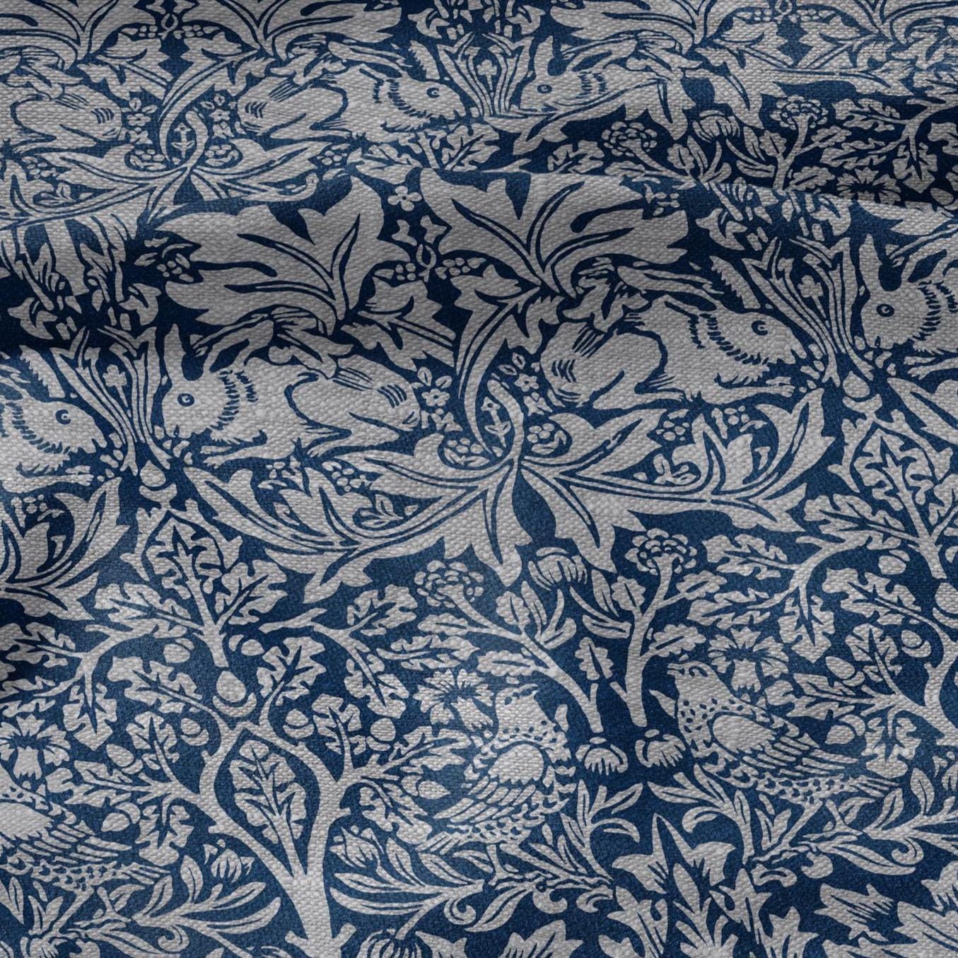 100% LINEN Fabric William Morris Brer Rabbit blue gray - oatmeal linen fabric with botanical print - Victorian Art Craft Historical 3164