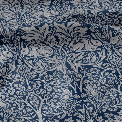 100% LINEN Fabric William Morris Brer Rabbit blue gray - oatmeal linen fabric with botanical print - Victorian Art Craft Historical 3164