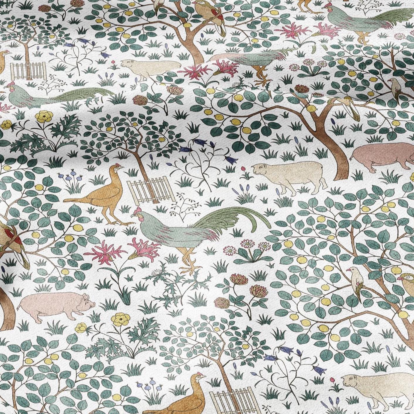 100% linen fabric - In my orchard by Voysey - rooster pig bird tree - Victorian Art crafts - Historical pattern home decor dress making 3005