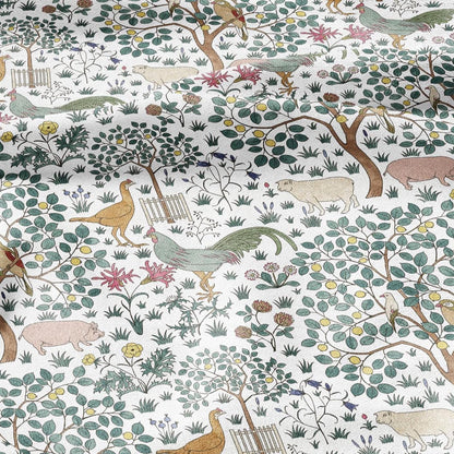 100% linen fabric - In my orchard by Voysey - rooster pig bird tree - Victorian Art crafts - Historical pattern home decor dress making 3005