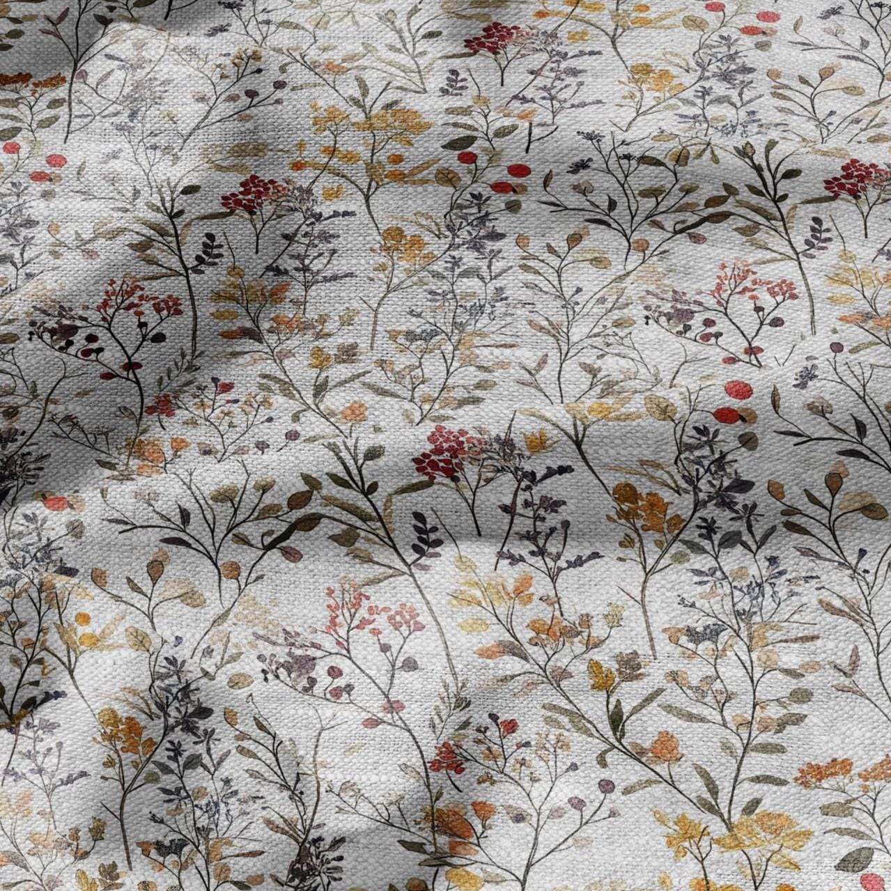 100% LINEN Fabric meadow flower print - floral yellow brown gray print on oatmeal linen for home decor sewing dress clothing 2352