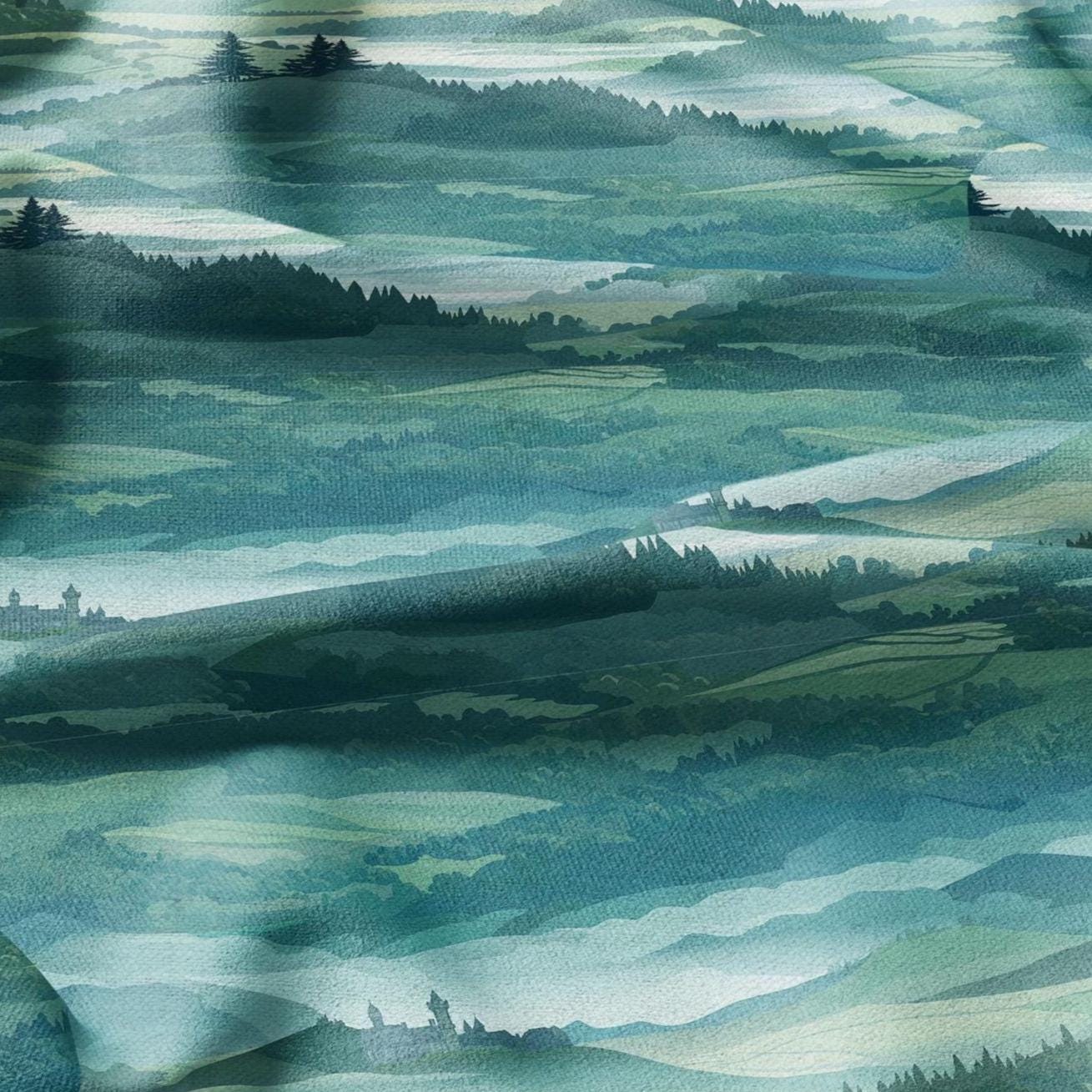 100% LINEN Fabric Bavaria landscape print -greenery forest castle linen heavy for upholstery home decor - medium for dress making 2901