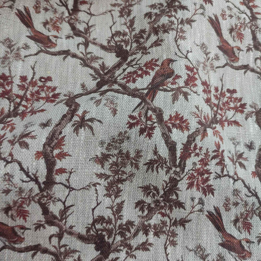 100% LINEN Fabric Toile de Jouy brown, oatmeal natur linen fabric with brown print, French linen fabric upholstery trees branches with birds