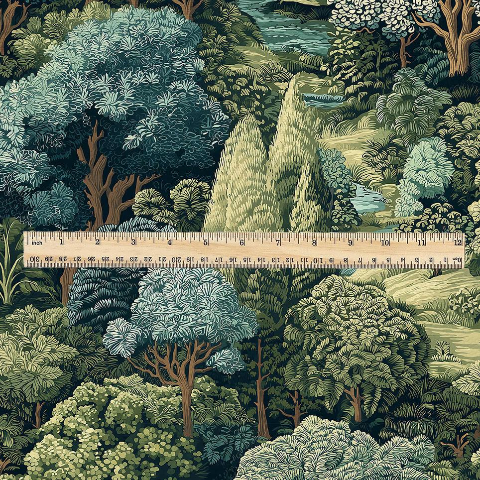 100% linen fabric Verdure tapestry print - Vintage green tree forest botanical  - Historical chinoiserie topiary 3348