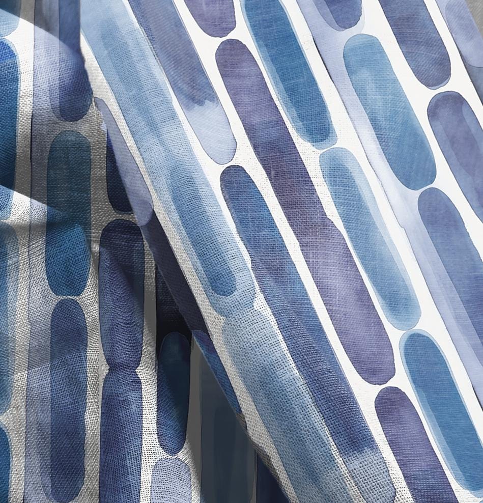 100% LINEN Fabric Abstract Watercolor blue stripes , blue stripe compemtorary print on heavy linen