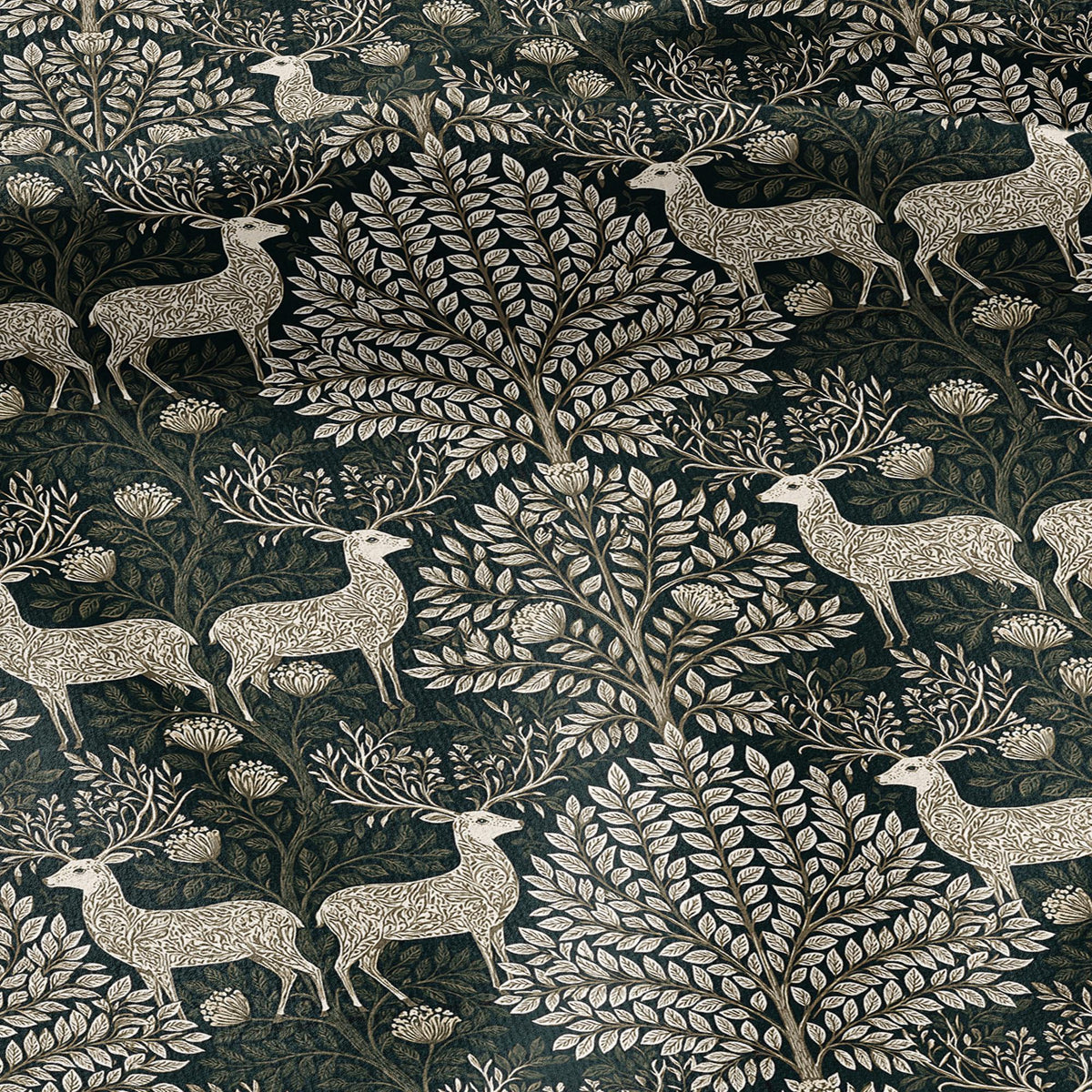 100% LINEN Fabric Woodland - Green beige floral print with Reindeer Neutral Fabric by the Yard by LithuanianLinen 3872