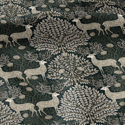 100% LINEN Fabric Woodland - Green beige floral print with Reindeer Neutral Fabric by the Yard by LithuanianLinen 3872