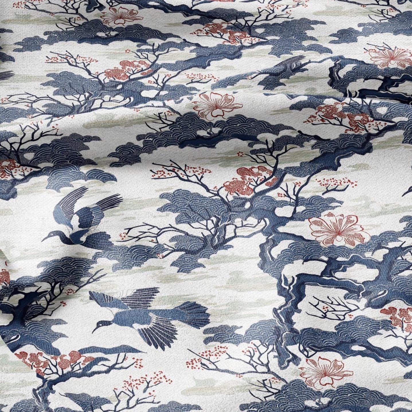 100% LINEN Fabric Cranes print - animal linen fabric with bird print for upholstery home decor curtains pillowcases dress making 2789