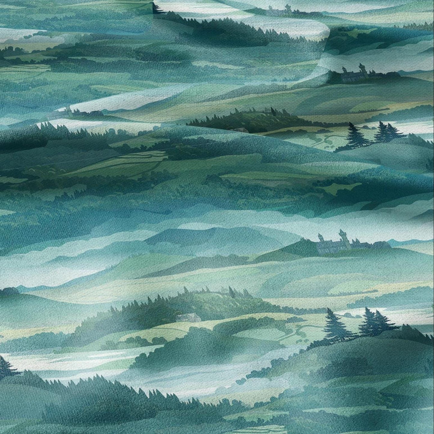 100% LINEN Fabric Bavaria landscape print -greenery forest castle linen heavy for upholstery home decor - medium for dress making 2901