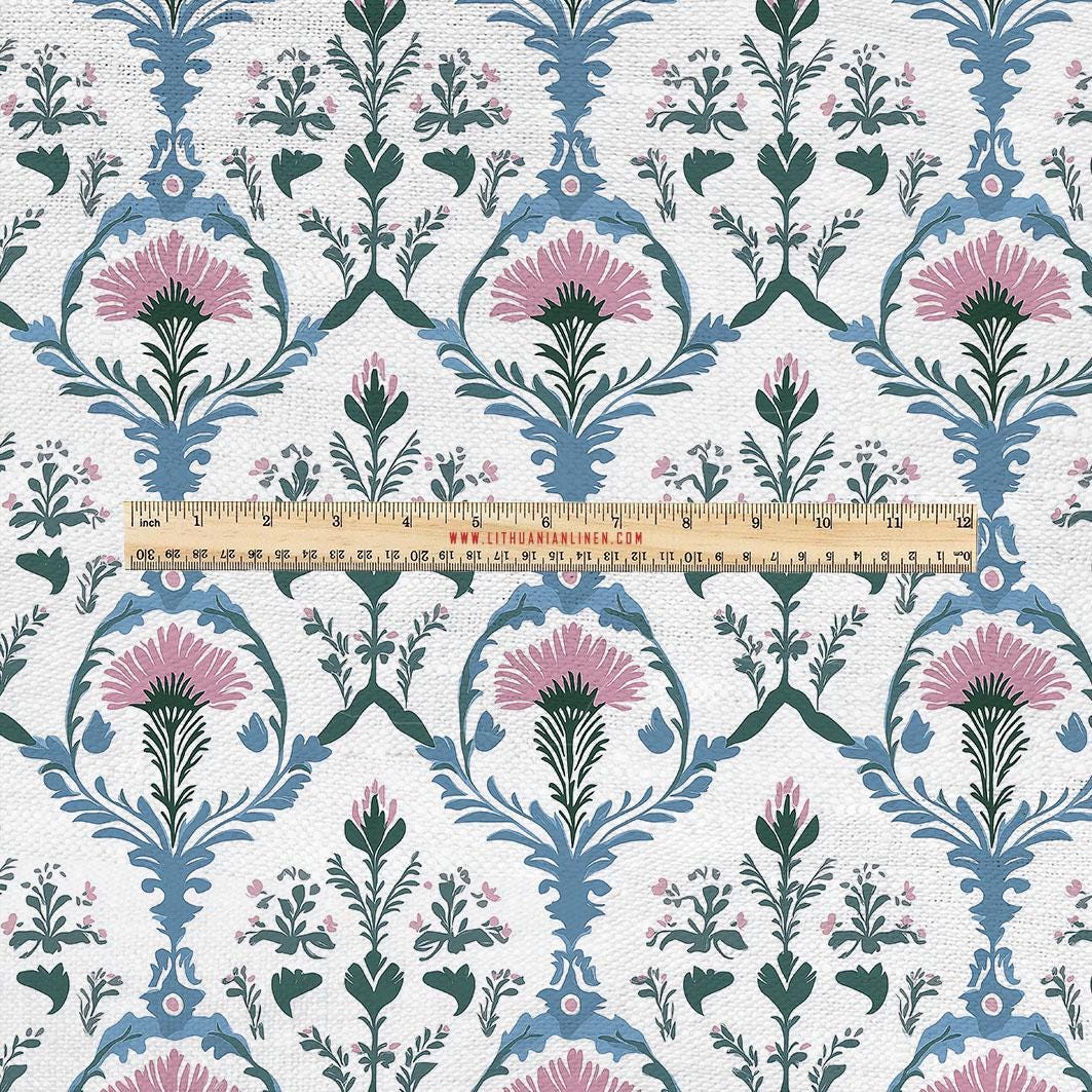 100% LINEN Fabric UPHOLSTERY 12oz - Preppy print on linen - pink blue green Grandmillenial - floral upholstery 2254