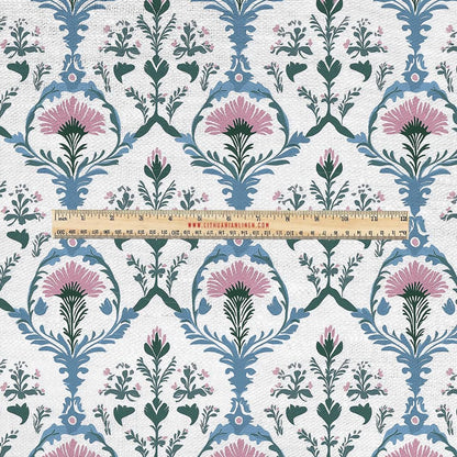 100% LINEN Fabric UPHOLSTERY 12oz - Preppy print on linen - pink blue green Grandmillenial - floral upholstery 2254