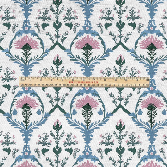 100% LINEN Fabric UPHOLSTERY 12oz - Preppy print on linen - pink blue green Grandmillenial - floral upholstery 2254
