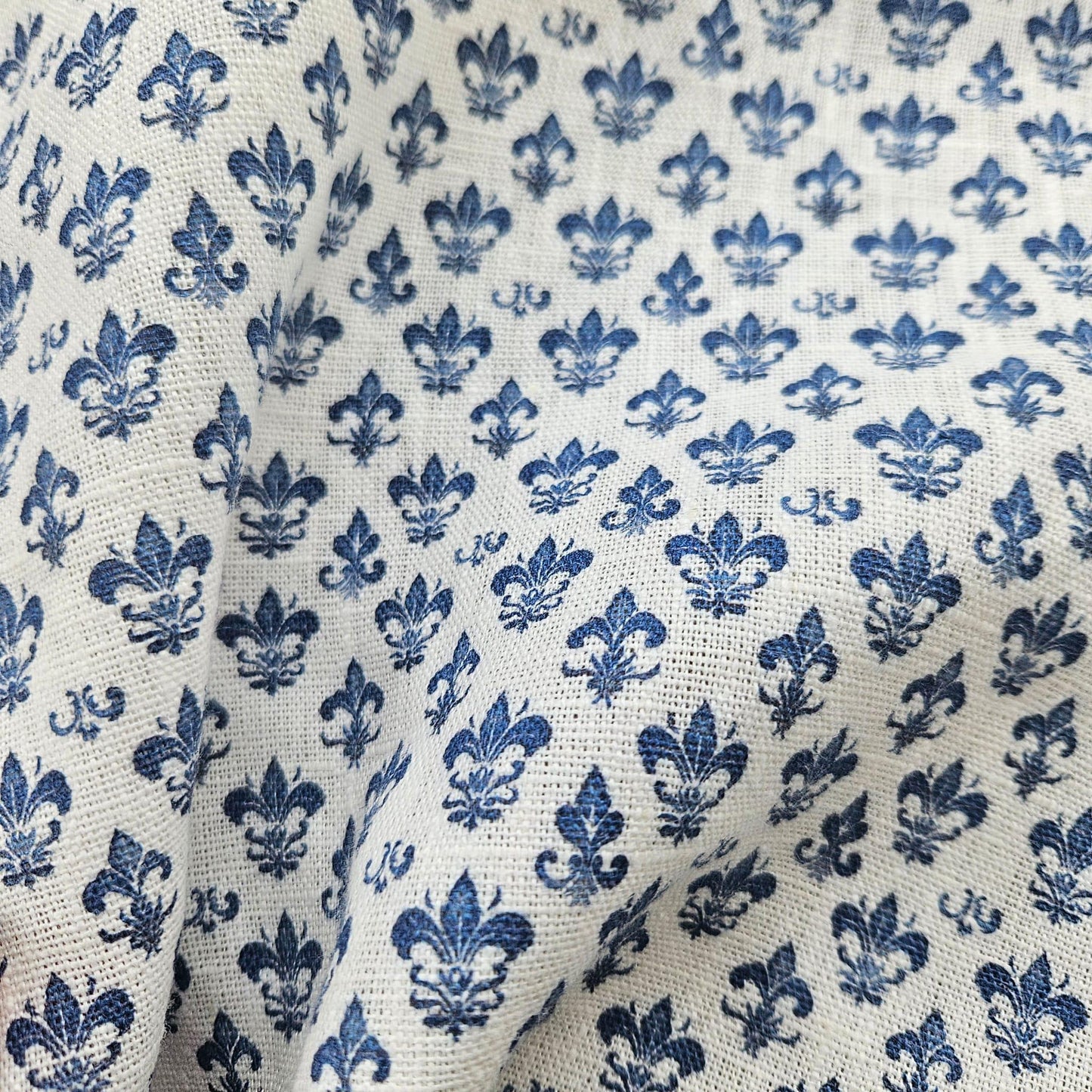 100% LINEN Fabric Fleur de lis print,  linen fabric with blue french print, heavy linen fabric for upholstery home decor 360