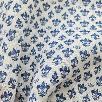 100% LINEN Fabric Fleur de lis print,  linen fabric with blue french print, heavy linen fabric for upholstery home decor 360